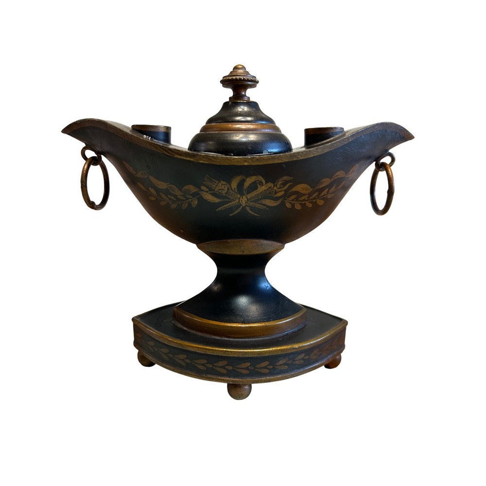Vintage French Tole Peinte Inkwell Desk Stand Gilt Empire Style -Seperated Lid